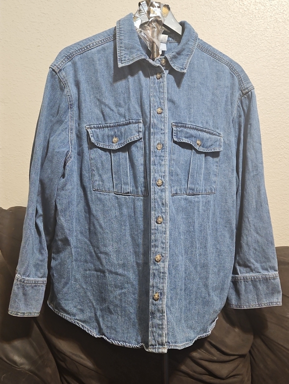 Light Blue Denim Button-Up Shacket with Chest Pockets